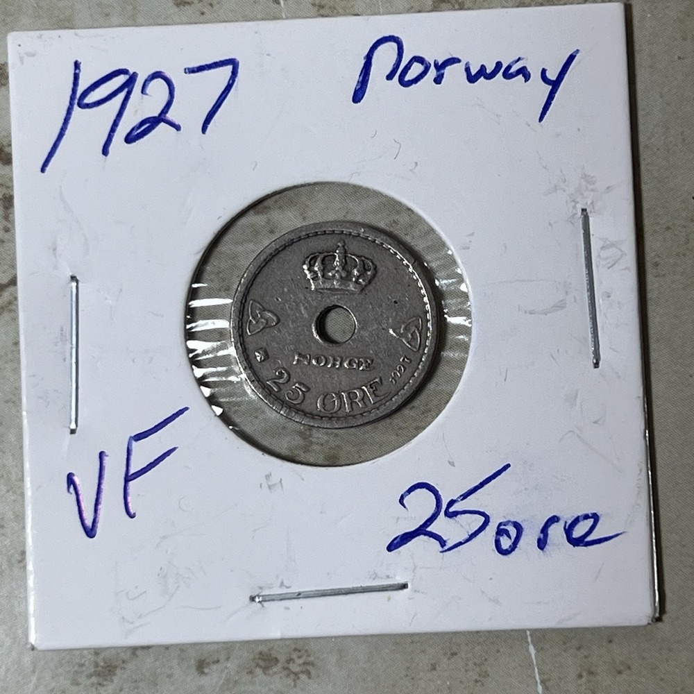 1927 Norway 25 Øre Coin King Haakon VII | VF Very Fine | Holed Cupronickel VTG